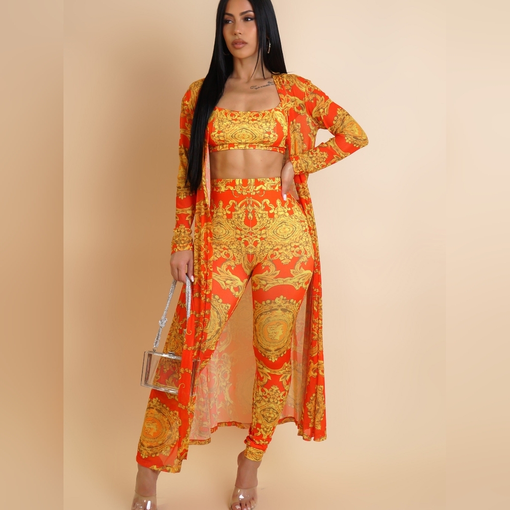 Flirt Alert Leggings, Cropped Top, & Cardigan 3-Piece Set- Orange